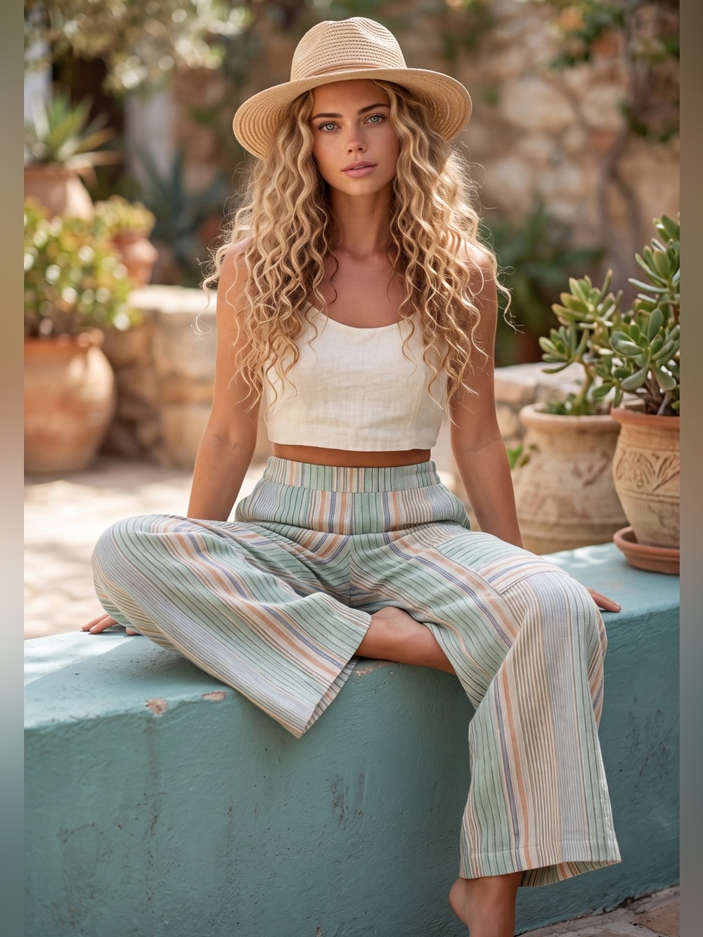 Flax Pastel Stripe Wide-Leg Linen Blend Pants